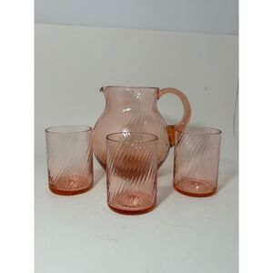 Vintage Pink Swirl Glass Pitcher and 3 Tumblers Set Optic Rib Mid Century Rosy